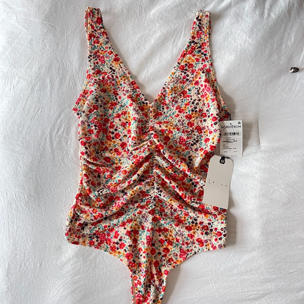 Nordstrom LEITH Velvet Rouched Body Suit in Ditsy Summer Floral, Small